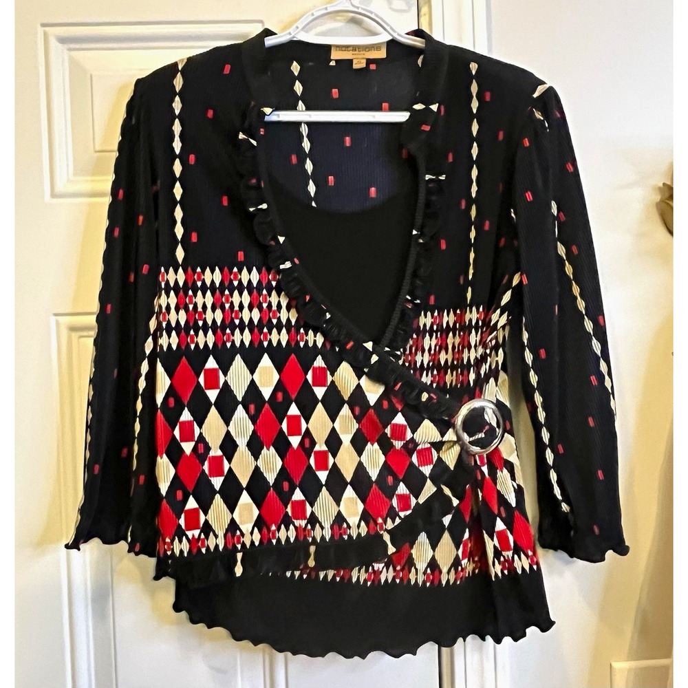 VTG Y2K Notations Top PL Womens Pleated Faux Wrap Geometric Harlequin Plisse